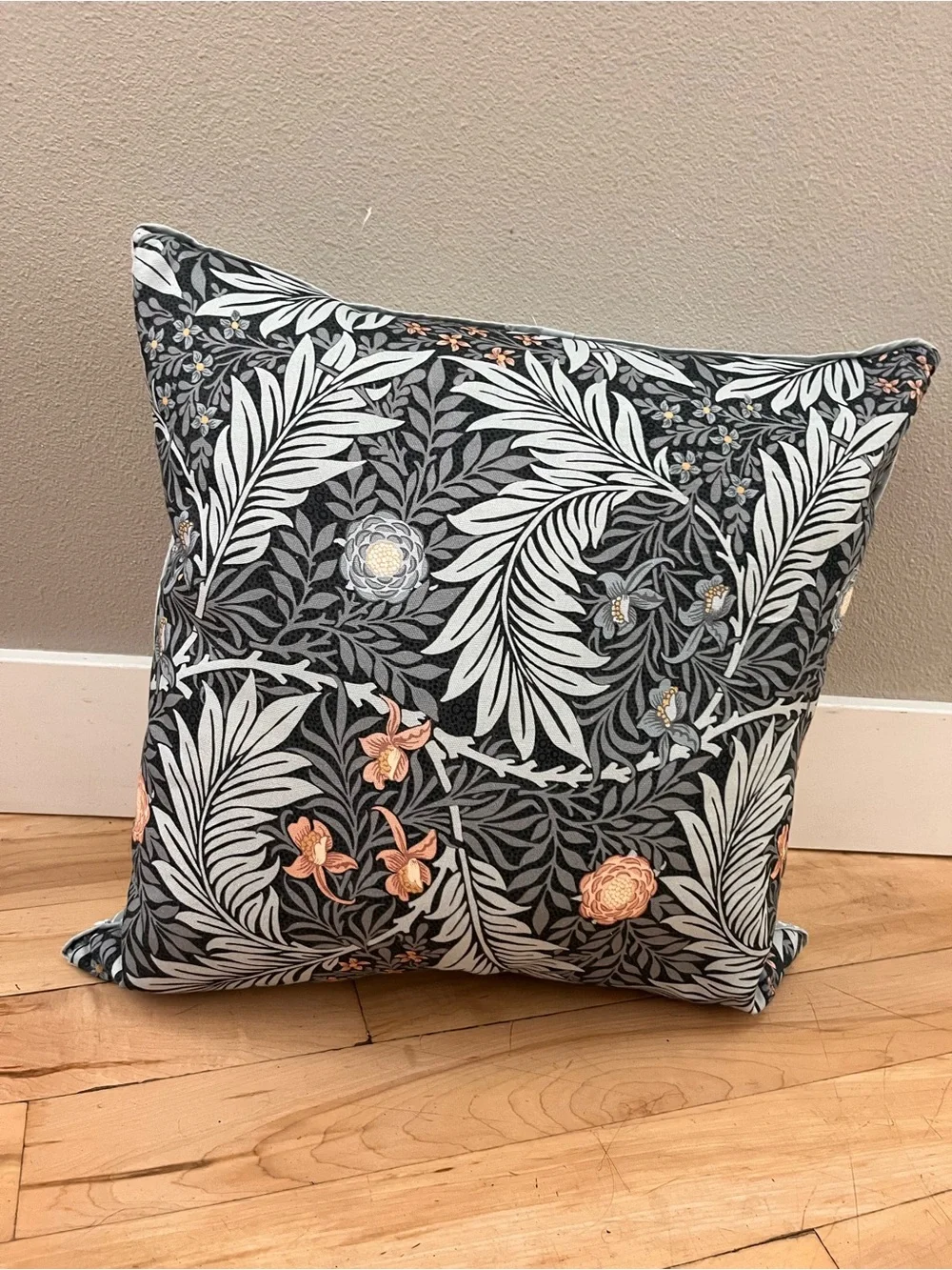 William Morris Botanical Leaf Print Accent Pillow in Black, White & Peach
